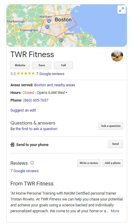 TWR Fitness Google Business Profile